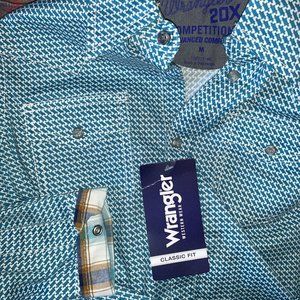 Wrangler Teal Zag Print Long Sleeve Western Shirt; Medium